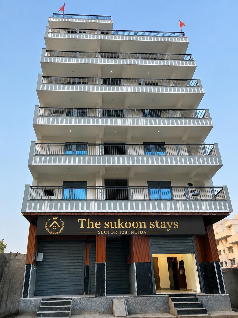 Building elevation and modern architecture of The Sukoon Stays PG, Sector 128 Noida